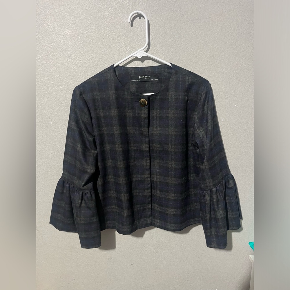 Zara Tweed Tartan Plaid Bell Sleeve Jacket Blazer Size Medium‎ Button Green Blue